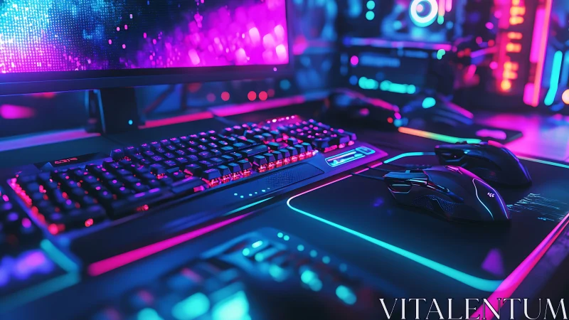 RGB gaming desk setup with keyboard, mice and neon lights.