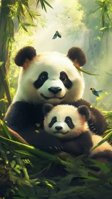 Serene panda family cuddling in glowing bamboo forest.