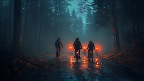 Cyclists ride foggy forest road under moody teal light.