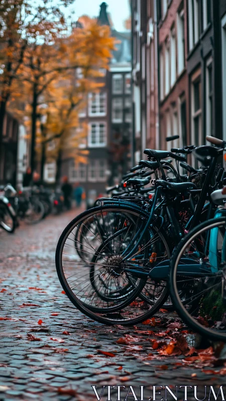 Urban Bicycles on Brick Pavement with Autumn Foliage and Architectural Backdrop.