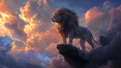 Majestic lion stands over glowing clouds in stormy sky