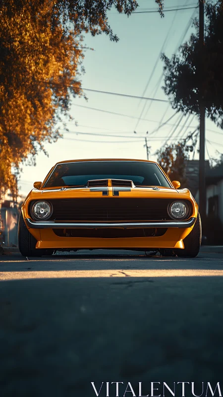 Low-angle street portrait of yellow muscle car at sunset.