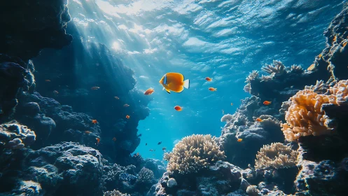 Tropical reef fish glide through sunlit underwater canyon.