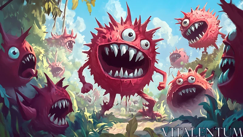 Spiky red jungle monsters charging through lush foliage.