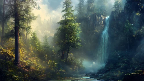 Misty Forest Waterfall - Ethereal Mountain Wilderness Scene