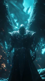 Dark winged knight rises in glowing teal inferno backdrop.
