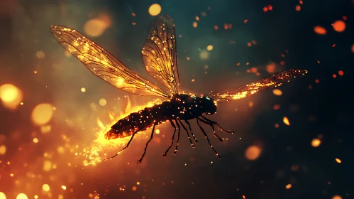 Digital painting of luminous firefly with ember-laced wings.