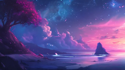 Neon Coastal Landscape: Bioluminescent Trees, Prismatic Sky, Monolithic Rock Formation