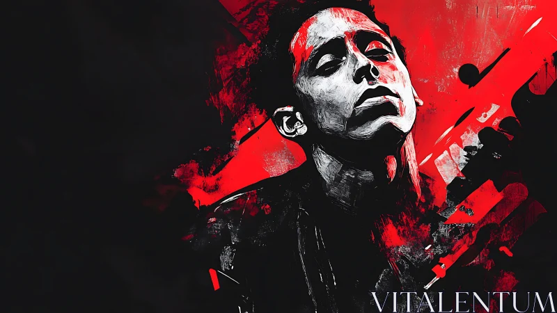 Moody musician portrait merges passion and abstract crimson energy