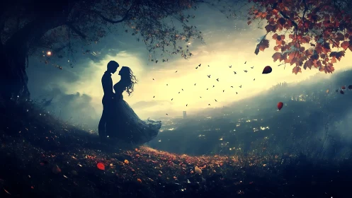 Silhouetted figures on hillside overlooking cityscape at dusk