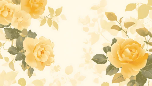 Botanical floral illustration with yellow roses and foliage against neutral background.