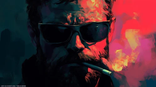 Portrait shows man with sunglasses and cigarette in split lighting