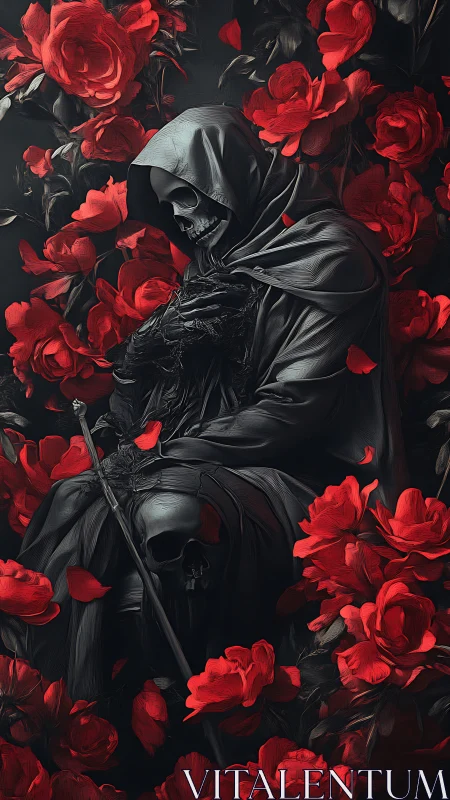Death curls gently among roses, cradling quiet crimson storms