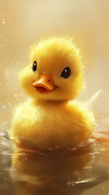 Golden duckling bobs in luminous rippling water.