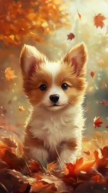 Cute corgi puppy sitting in bright autumn leaves outdoors.