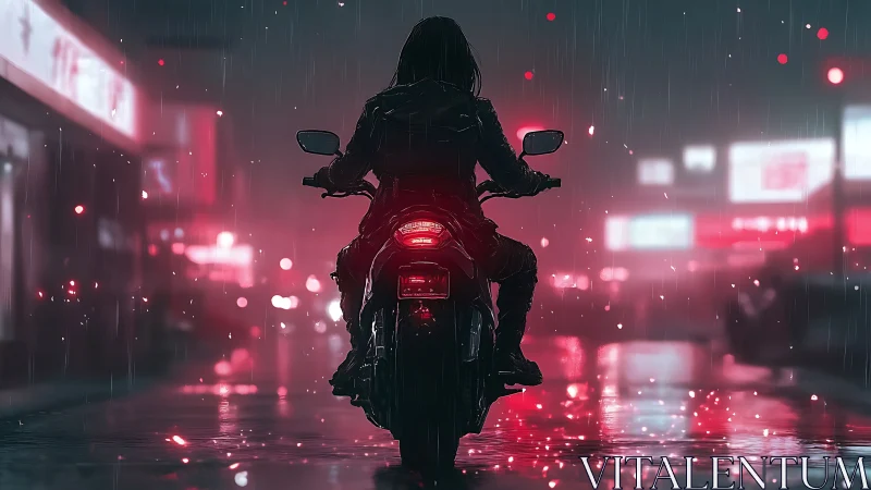 Motorcyclist rides through wet neon city street at night