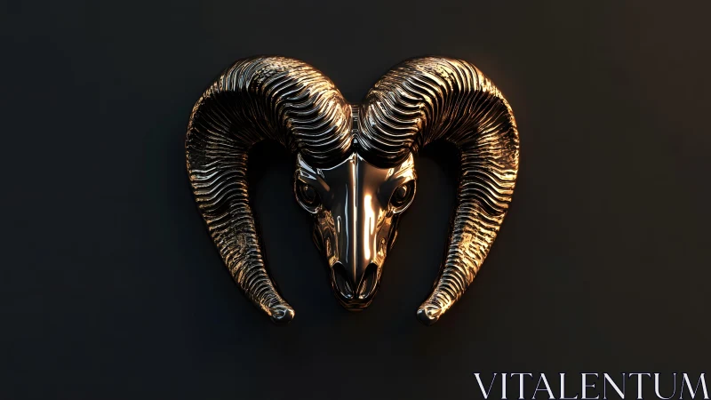 Shiny metallic ram skull with curled horns on dark background.