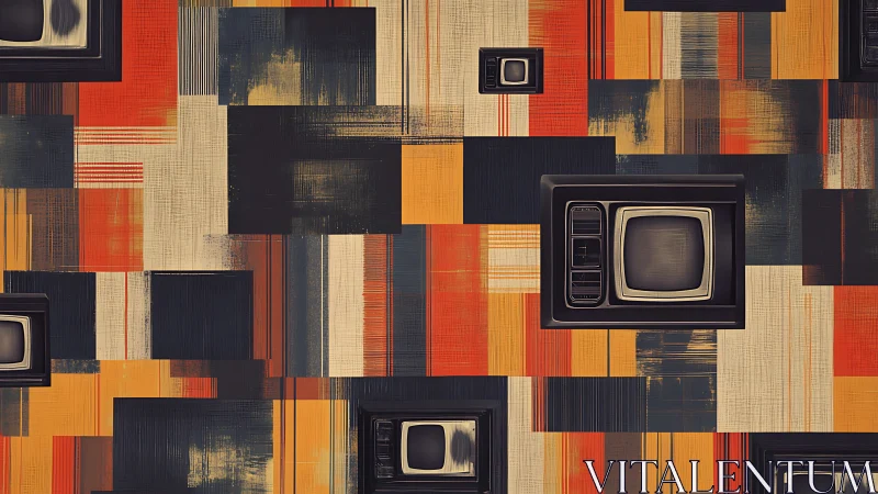 Retro televisions float over bold geometric color blocks
