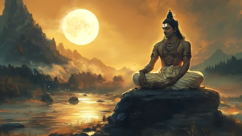 Moonlit mountain meditation with serene river glow.