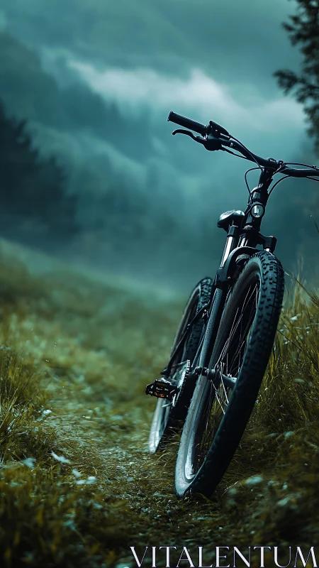 Mountain bike positioned on trail with dramatic stormy sky overhead
