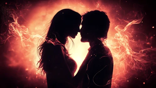 Silhouettes Kiss Amid Fiery Energy. Passion Illuminated.
