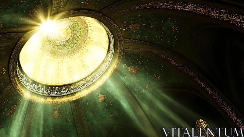 Sunlit calligraphy halo above emerald vaulted silence.