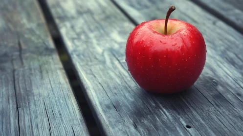 Red apple on weathered wood table in soft natural light.