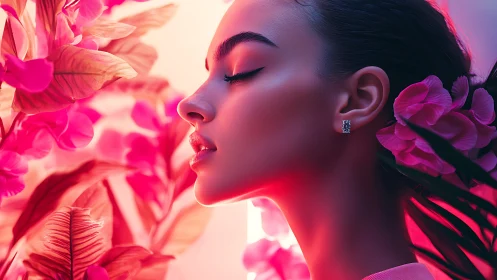 Serene woman in neon pink blossoms embraces glowing calm