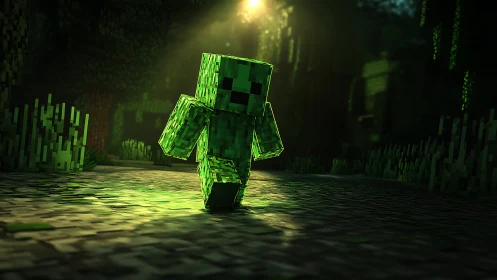 Voxel creeper strides through moody forest light corridor.
