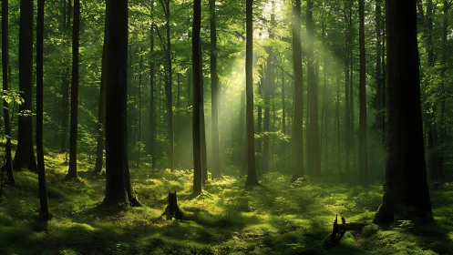 Temperate Deciduous Forest Canopy with Crepuscular Rays and Undergrowth