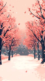 Gentle pink forest path where drifting petals meet soft snow.