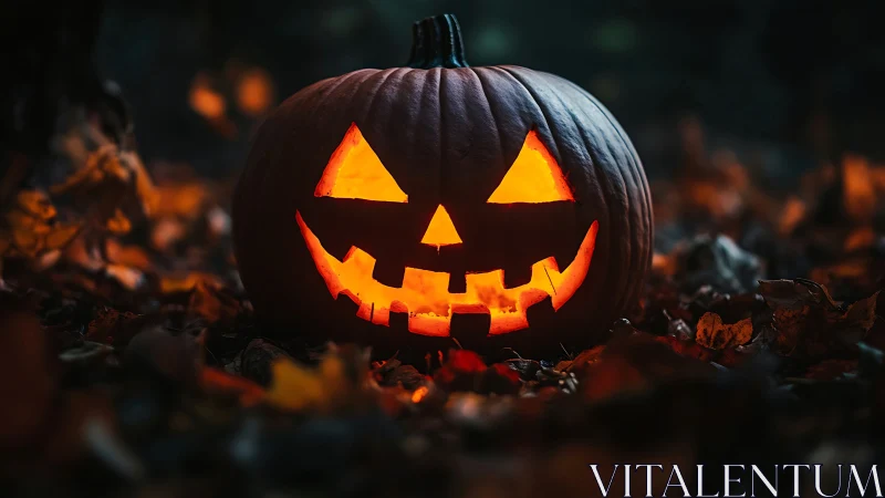Illuminated carved pumpkin with jagged face in foliage.