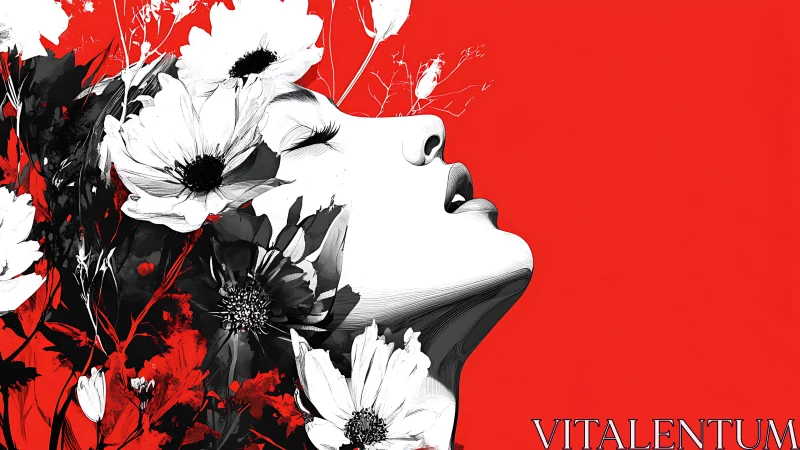 Scarlet daydream muse entwined with blooming monochrome flowers.