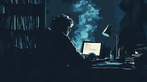 Programmer working late at night in moody blue studio.