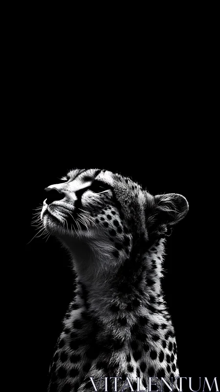 High-contrast monochrome cheetah portrait under void blackness.