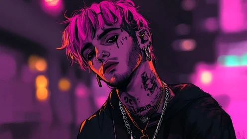 Neon punk portrait under moody cyberpunk city lights.