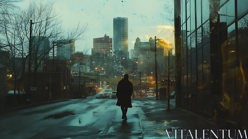 Silhouetted person walks on wet city street toward glowing skyline