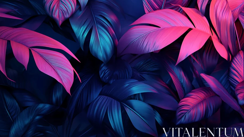 Neon tropical leaves with deep blue and magenta contrast.