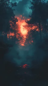 Sunset Through Dark Forest. Glowing Orb Breaks Twilight.