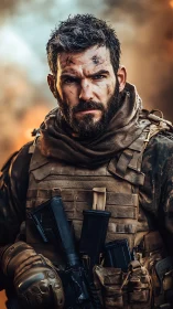 Battle-hardened soldier stares down chaos in burning dusk.