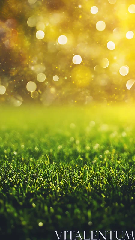 Sunlit grass field glows beneath golden bokeh sky.