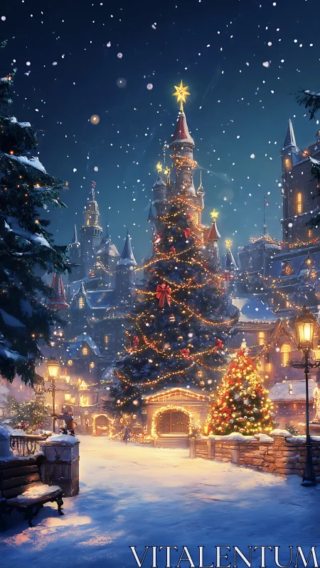 Snow covered town square centers tall lit Christmas tree