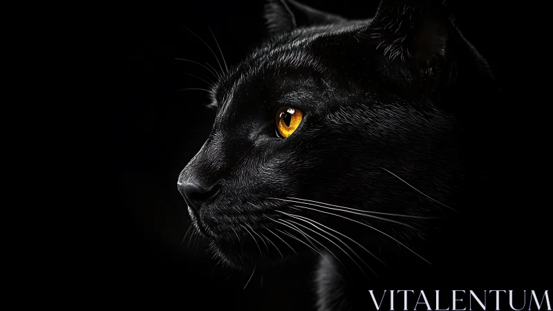 Black Cat Portrait with Piercing Amber Eyes.