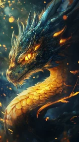 Side profile of luminous scaled dragon in dark space.