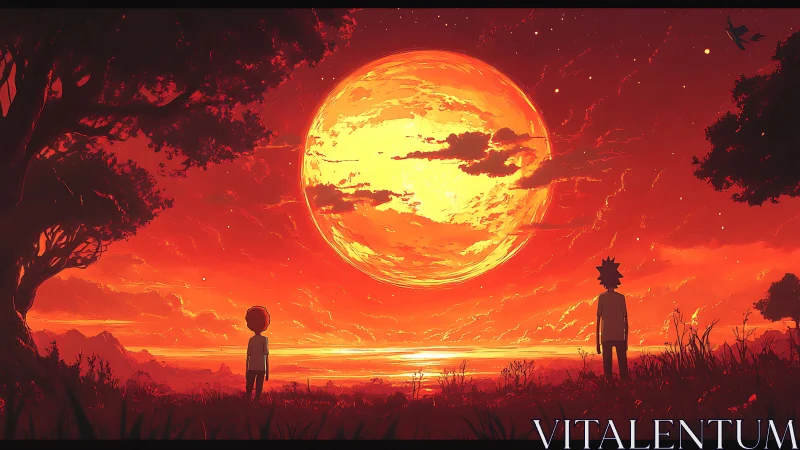 Cinematic anime sunset panorama with dual silhouettes framing orb.