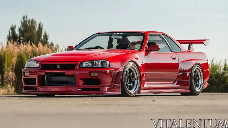 Red Nissan Skyline GT-R R34 with body kit on open road.