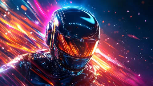 Chromed cyber rider cutting through neon light trails.