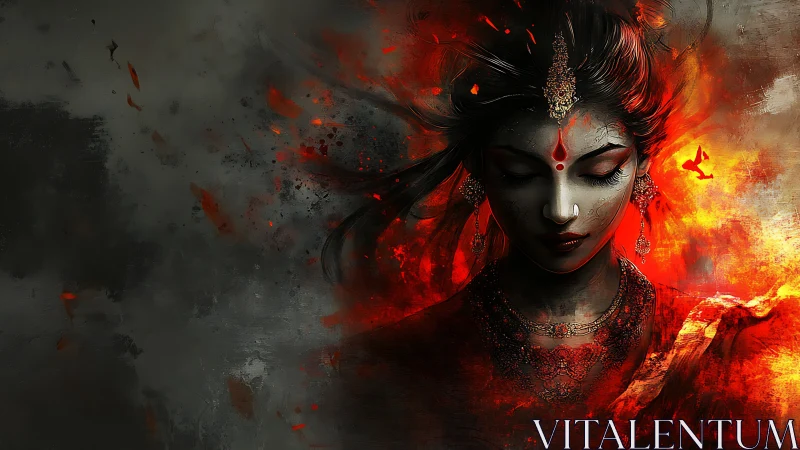 Digital painting of fiery goddess portrait with dark negative space.