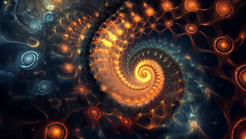 Fractal spiral galaxy of glowing orange and blue orbs.