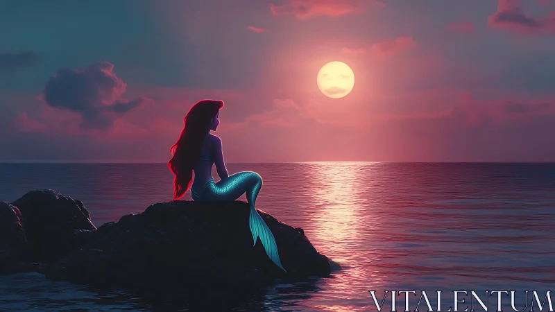 Digital painting of mermaid silhouette at chromatic sea sunset.